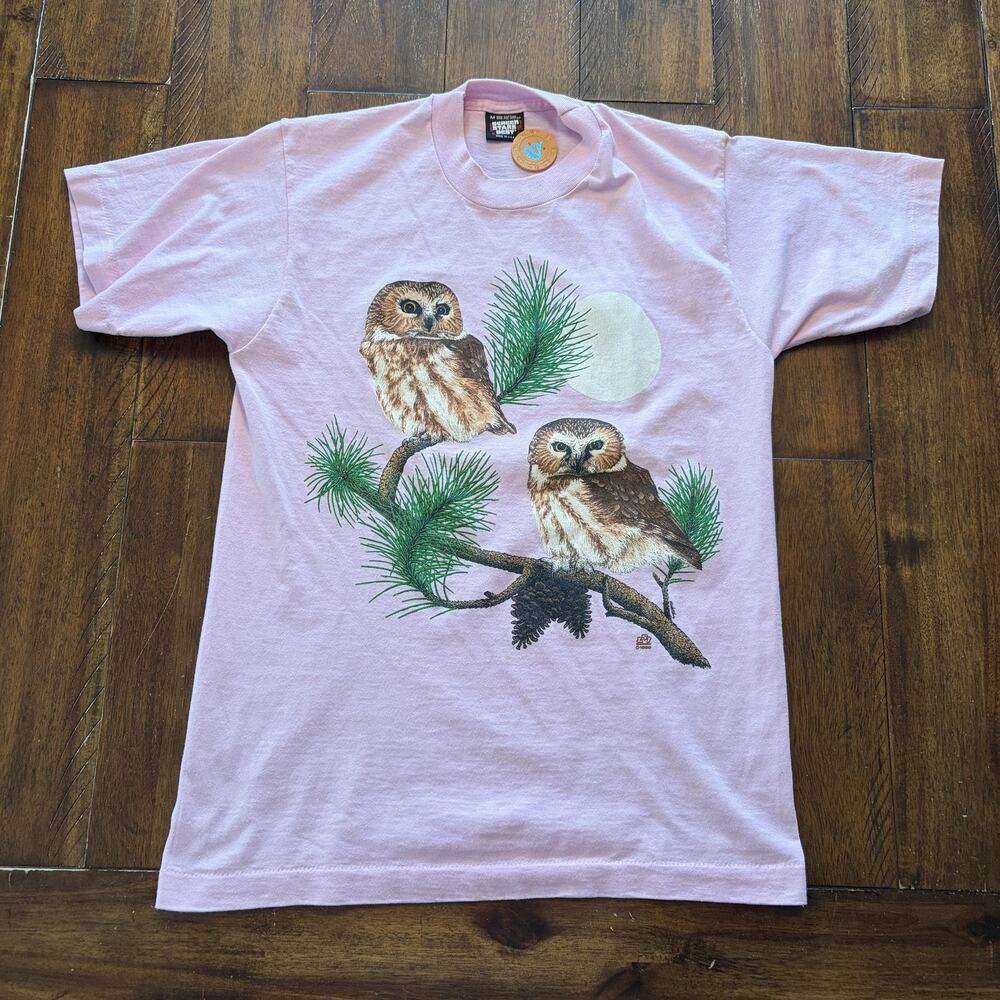 Vintage Owls Shirt Mens Medium Pink Screen Stars Tee T-Shirt USA Nature - Picture 2 of 8